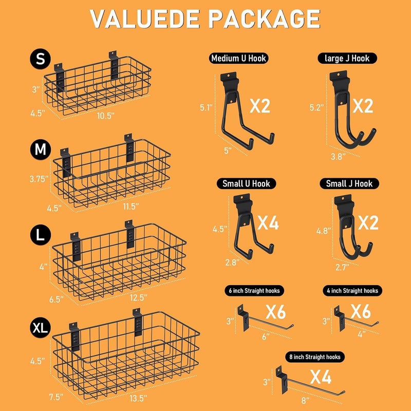INCLY 30PCS Slatwall Accessories Set, Includes 4 Pack Ventilated Metal Wire Slatwall Baskets and 26PCS Multisized Heavy Duty Slatwall Hooks for Garage Organization Rooms Workshop Storage - Image 2